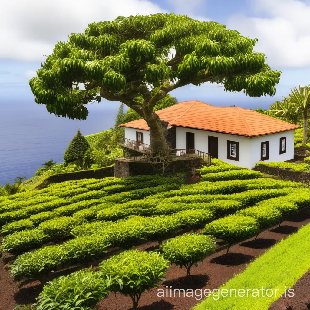 terraced macadamia tree and coffee plants near Azorean stone sea cottage, high definition