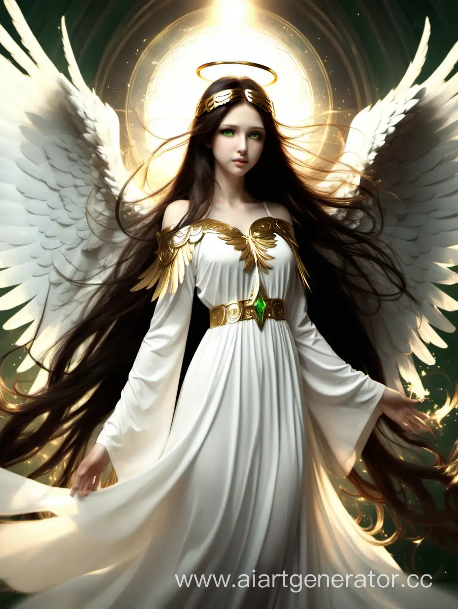 Angel, seraphim, girl, long hair, dark hair, brown hair, green eyes, white dress, big wings, white wings, six wings, golden halo 