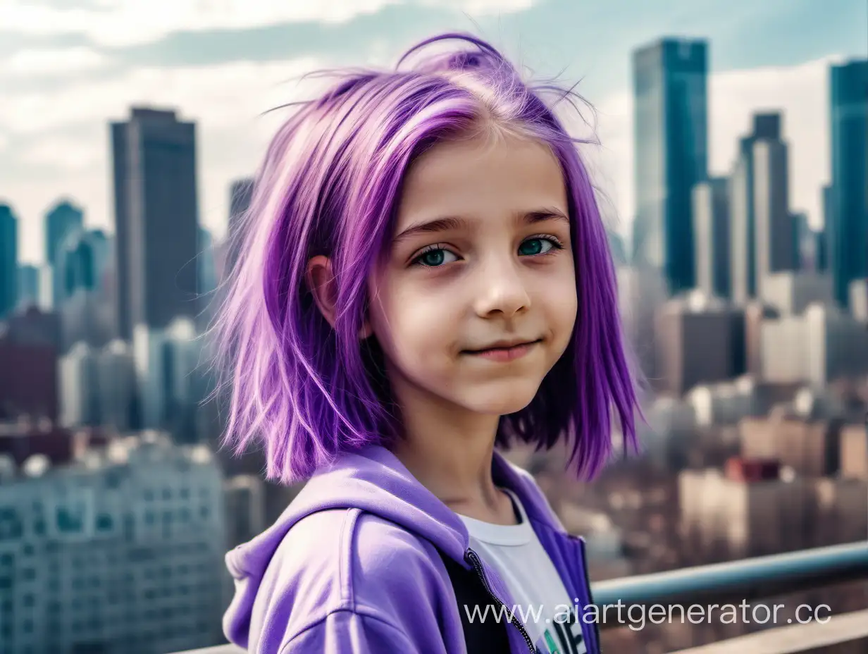 Девочка 12 лет, с фиолетовыми волосами, милая, худая, на фоне мегаполиса