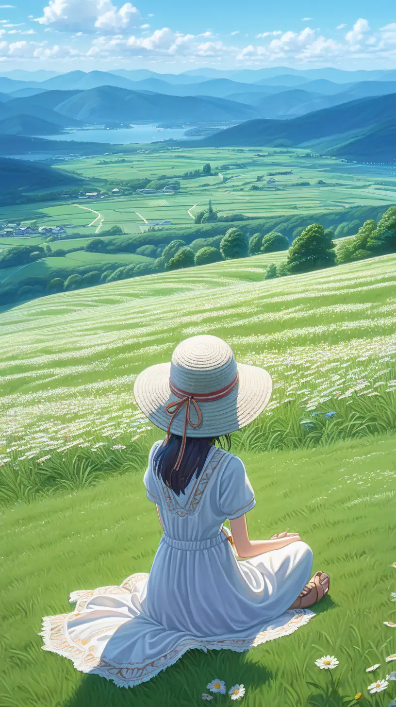 See from back 1 woman wearing white embroidery dress and hay hat , sitting on the grass on hill view to the meadow flowers valley , pixelart, realistic landscape painting , trending pixiv style, makoto shinkai style, acrylic palette colors, render, full shot, super detailed, 8k, best quality, --ar niji 6.0