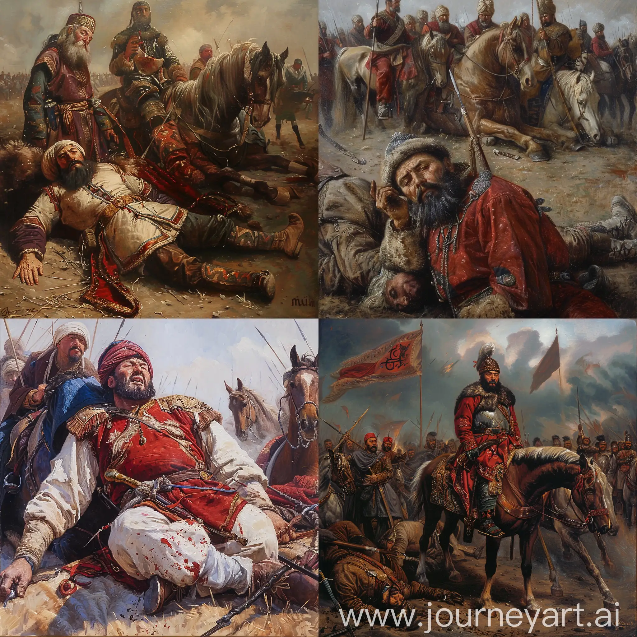 Kazakh khan dies in a battle, oil painting, renaissance style