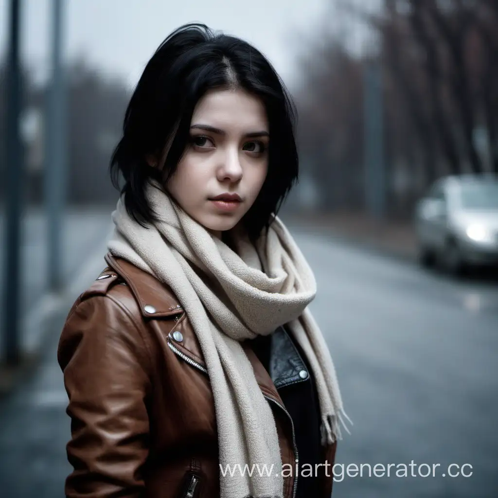 Mysterious-Woman-in-Brown-Leather-Jacket-Against-Dark-Background