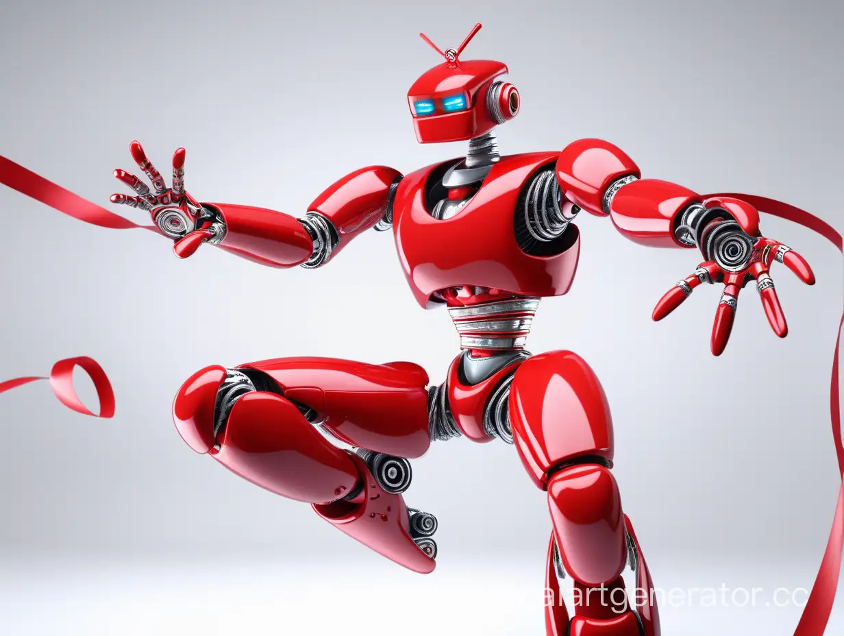 Energetic-Red-Robot-Showcasing-Artistic-Gymnastics-with-Ribbons