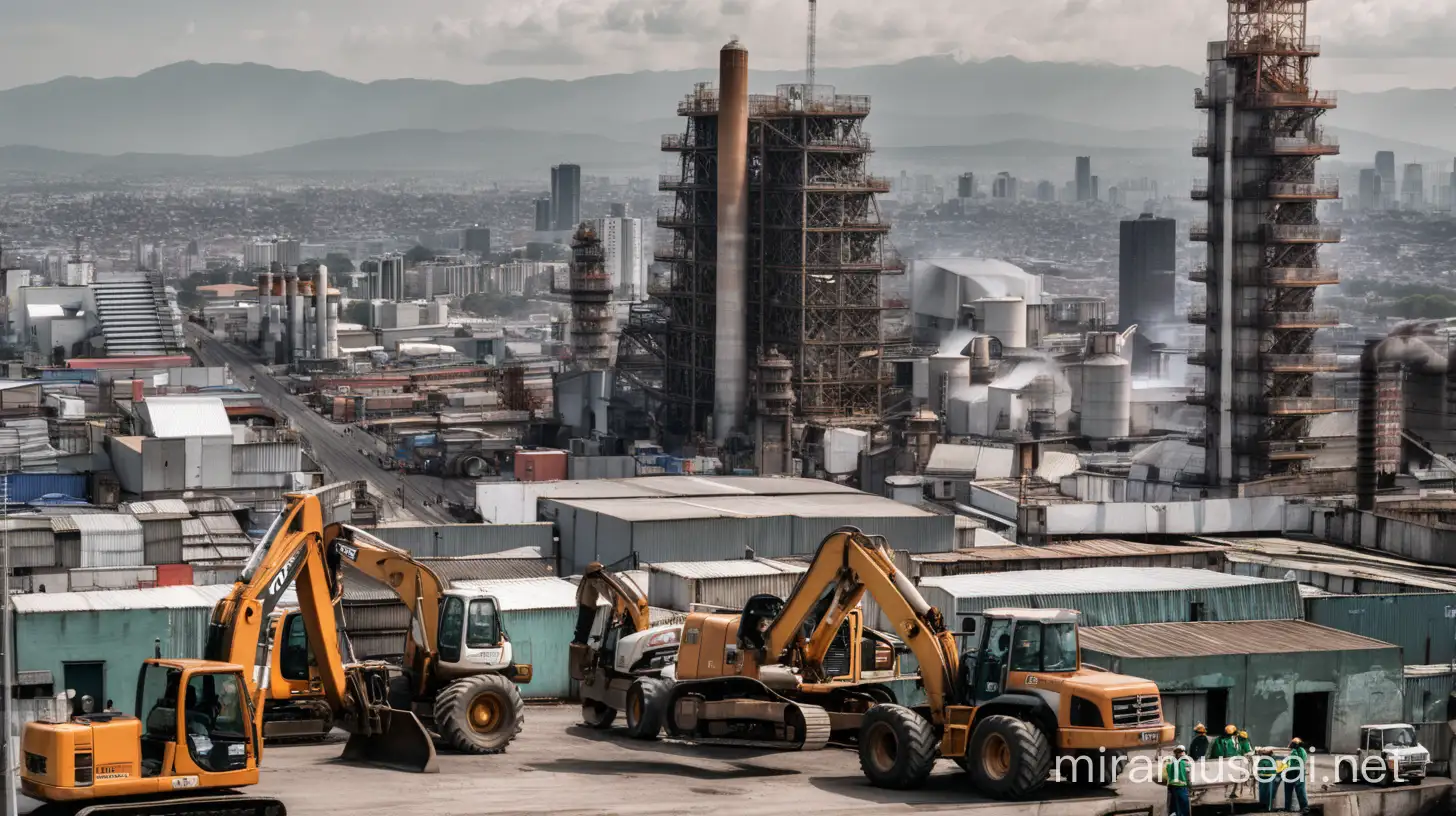 A split image of Mexico City's skyline and a bustling manufacturing plant with workers and machinery.