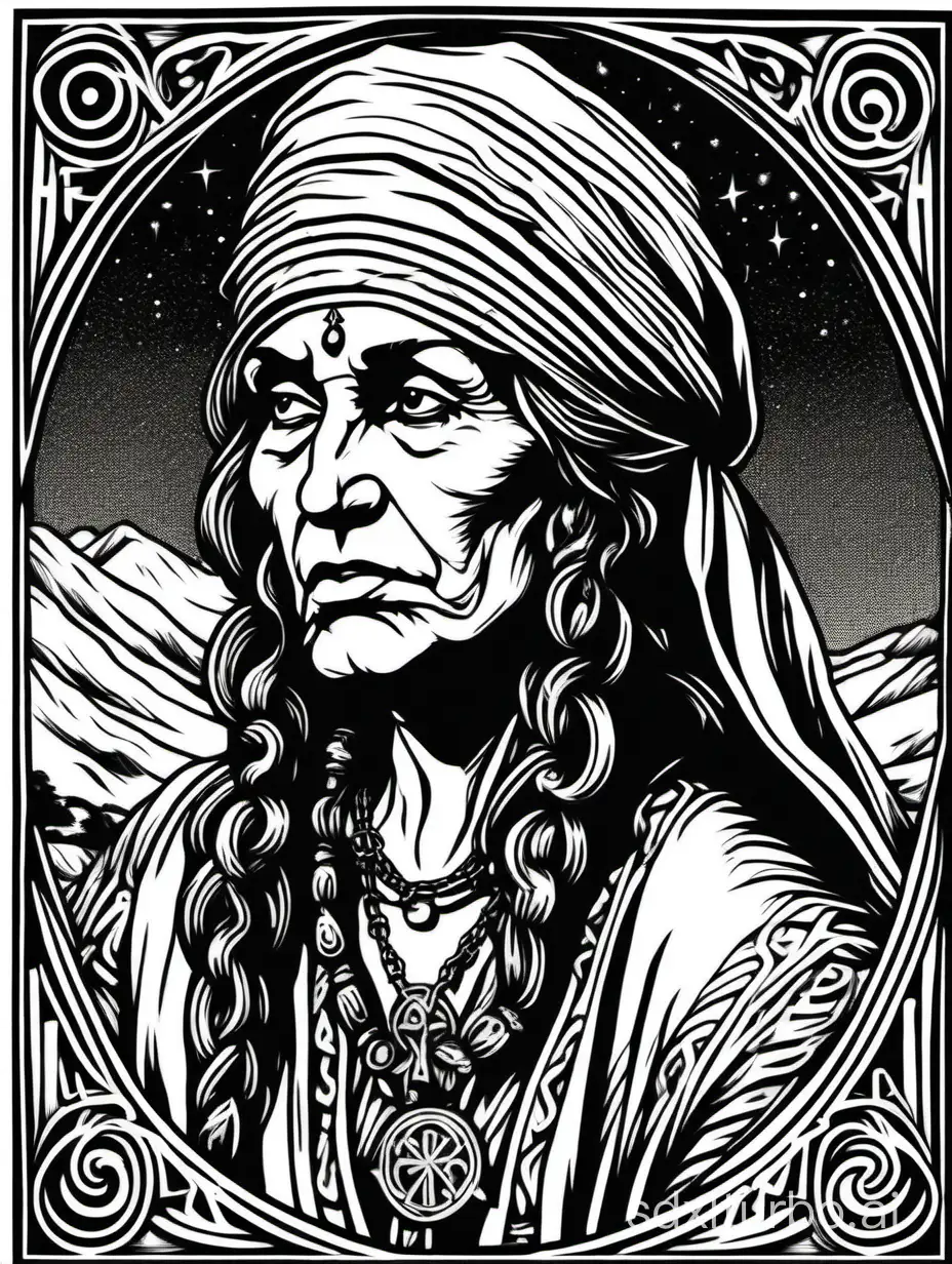 a beautiful gypsy elder, cloudy night, ((white background, isolated on white, subject only)), close up, masterpiece, block print, simple composition, black and white ink, thick lines, visible cross-hatch, lowres, low detail, 2bit bw, vector, style of 1980 Dungeons and Dragons, by Jeff Dee,