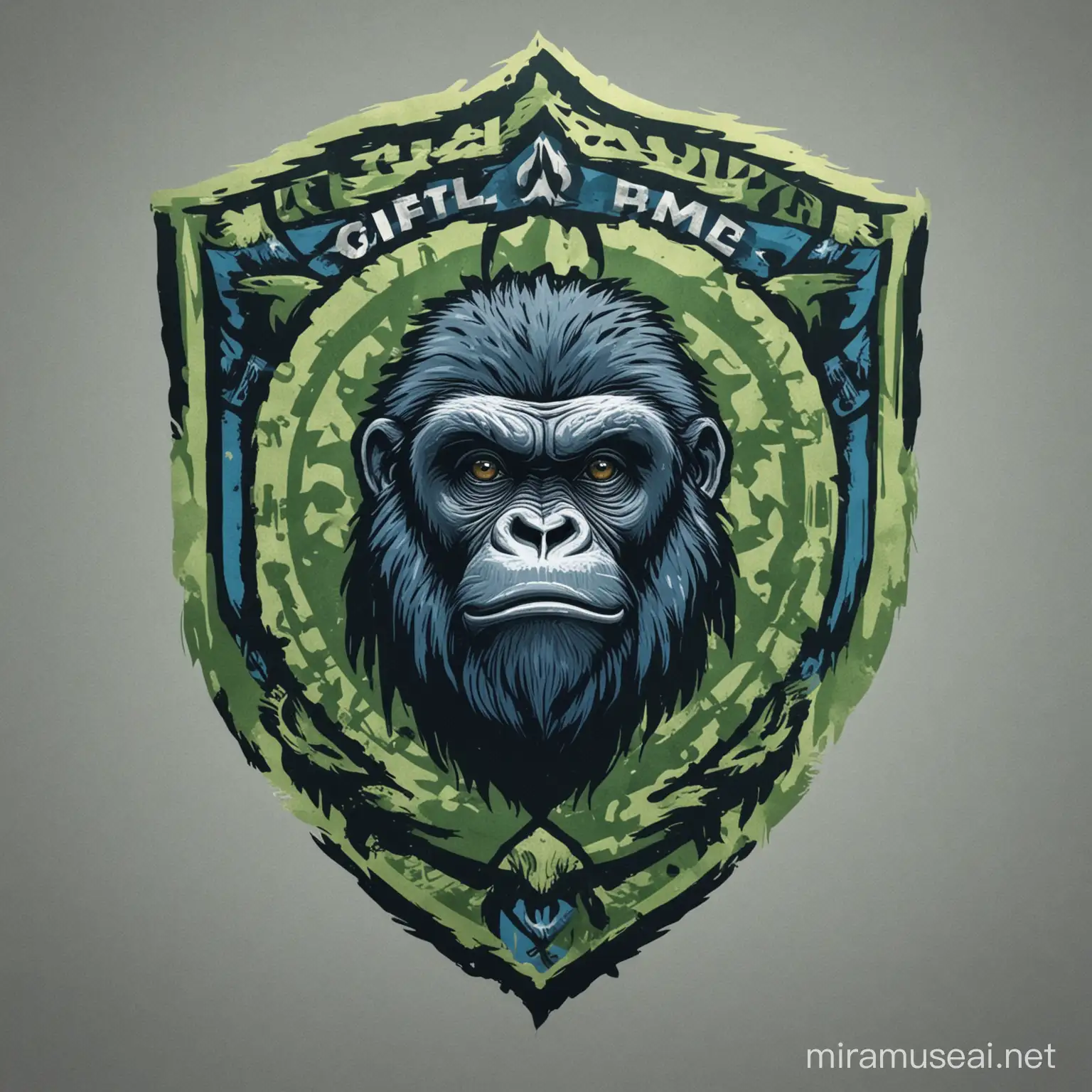 create a new flag with the colors green and blue, and with a gorilla in the middle as the crest

