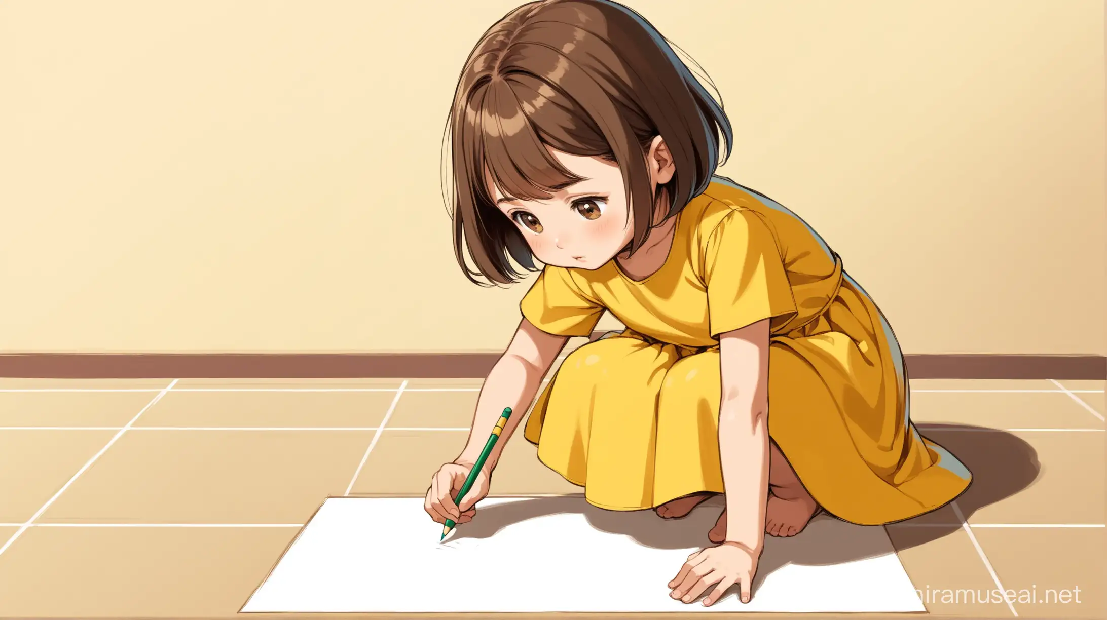 A female kid have a 5 years old , medium light skin, dark brown small eyes, very very short brown hair, yellow dress, she is sitting down on the floor and drawing in the floor while looking down into the floor. cartoon type

