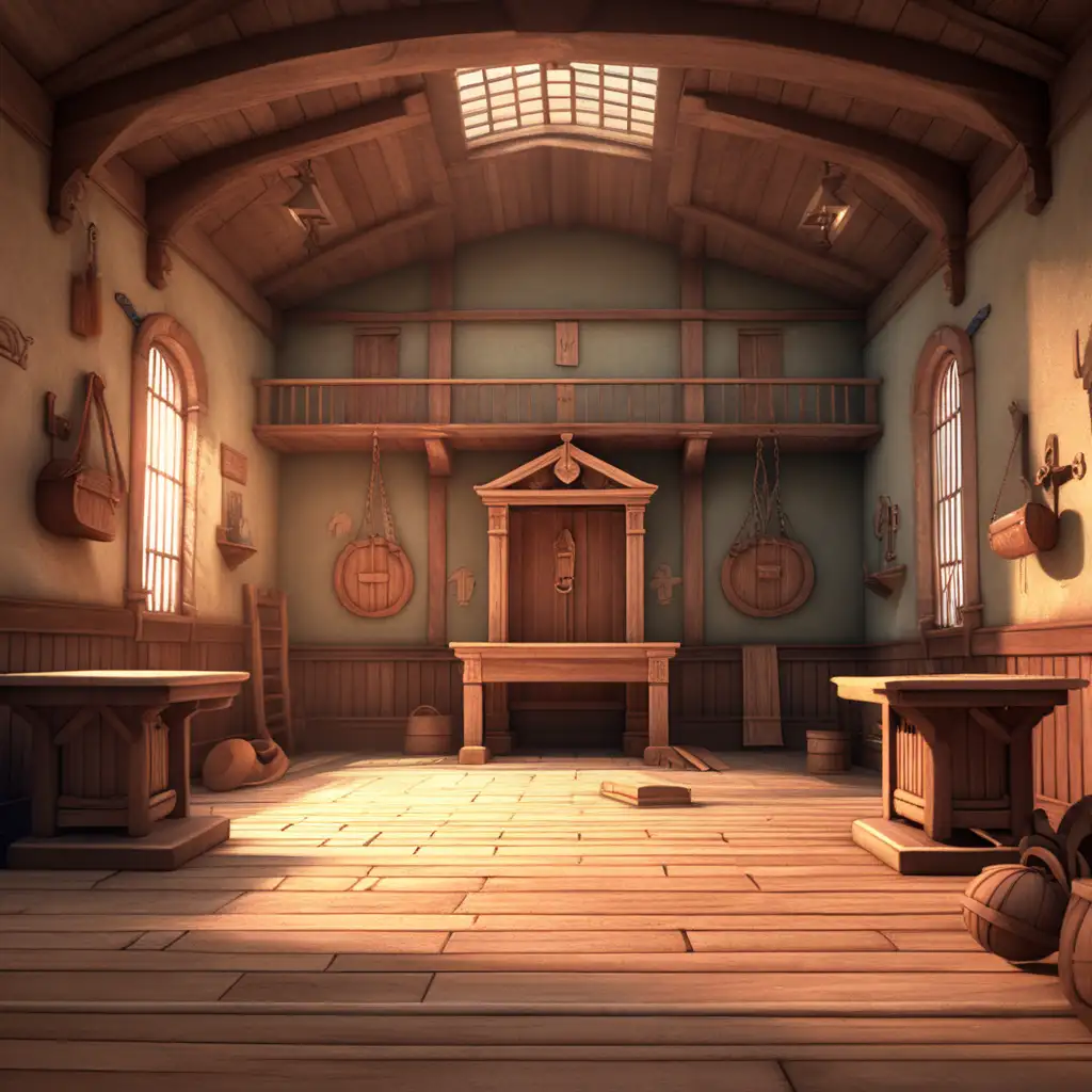 Create a 3D illustrator of an animated vintage scene of a punishment hall. Beautiful spirited background illustrations.
