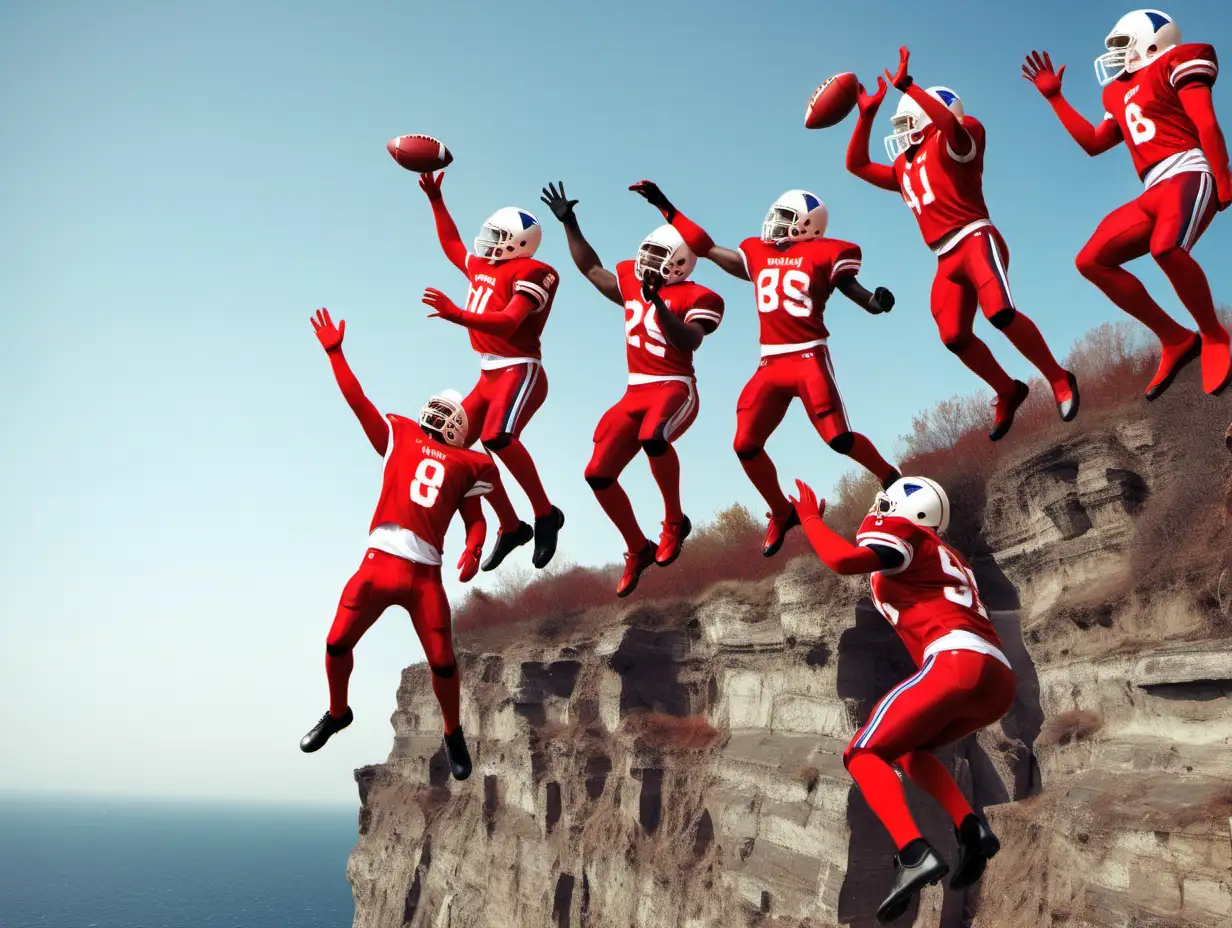 American football fans dressed in red jumping off a cliff