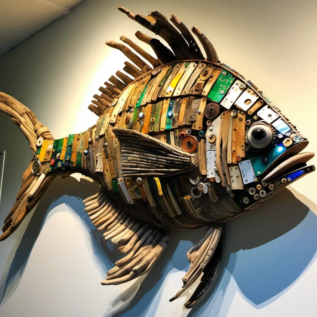 EcoFriendly Fish Sculpture Driftwood and Recycled Circuit Boards