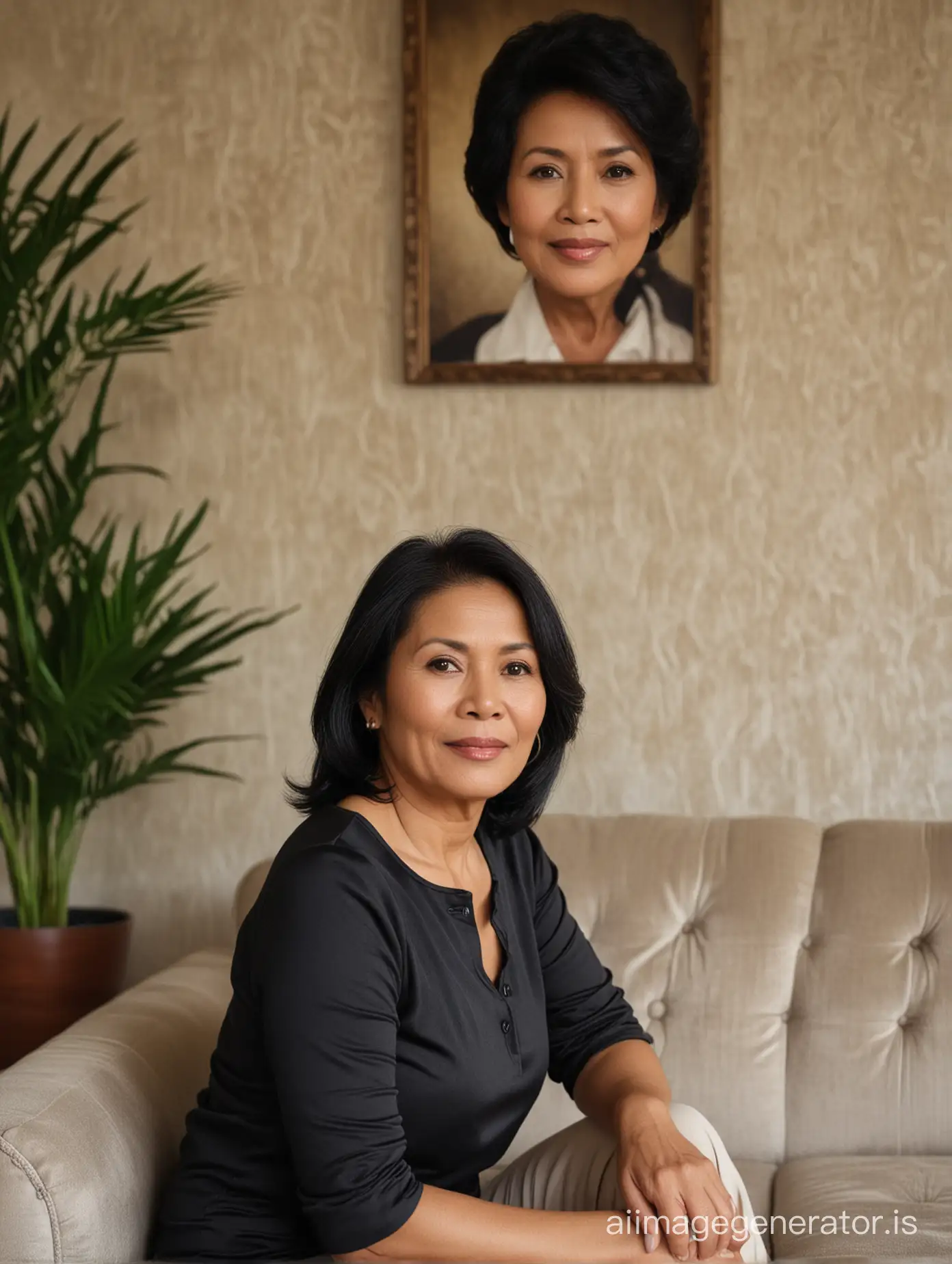 a 60 year old Indonesian mother with black hair sits on a sofa with a classic interior background
