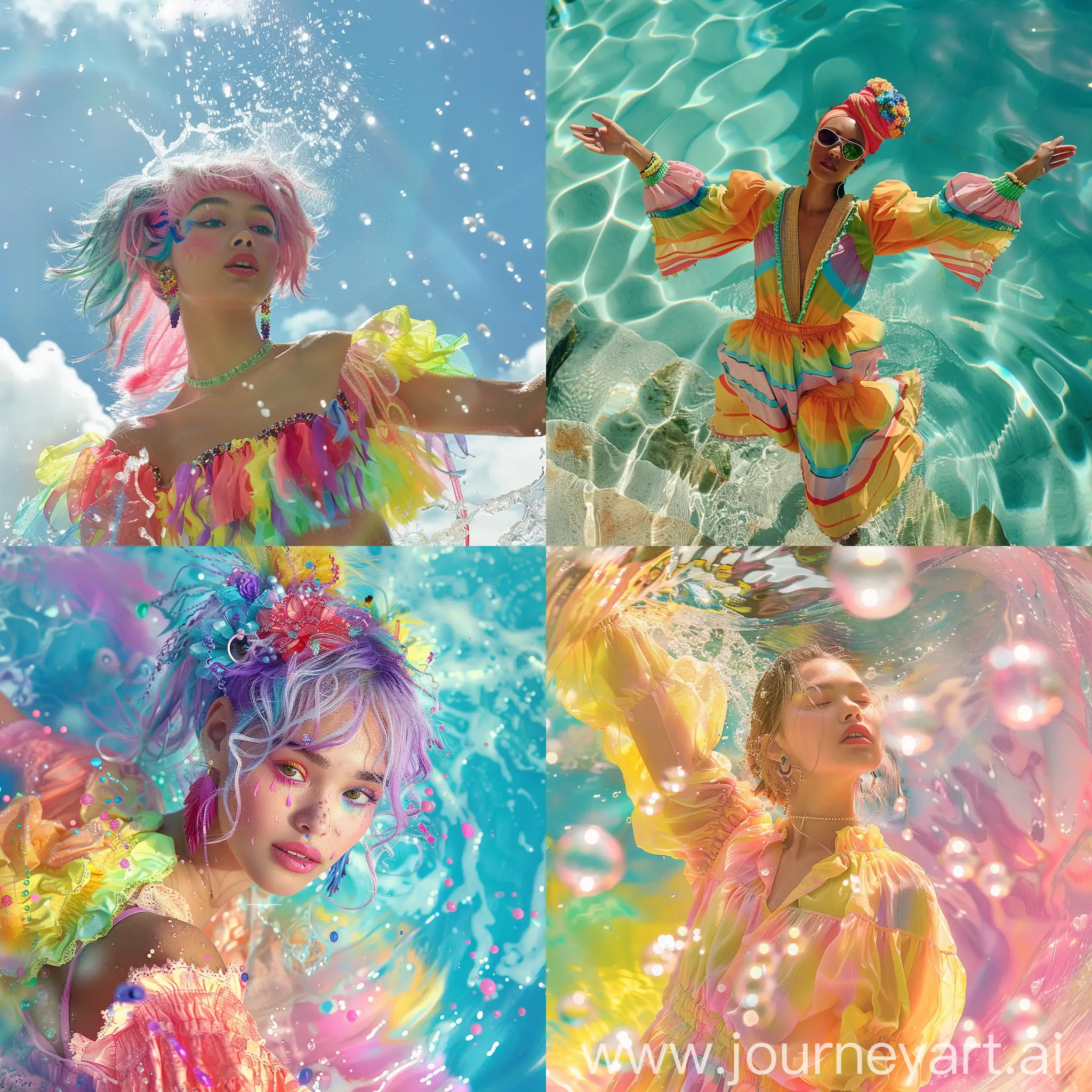 generate photo of  happy woman  walking on the water, The water is forced out in all directions. Feet up. Bright colors. Natural and clear. All wet :: they are wearing pastel very colorful clothes and very colorful earrings and make up 