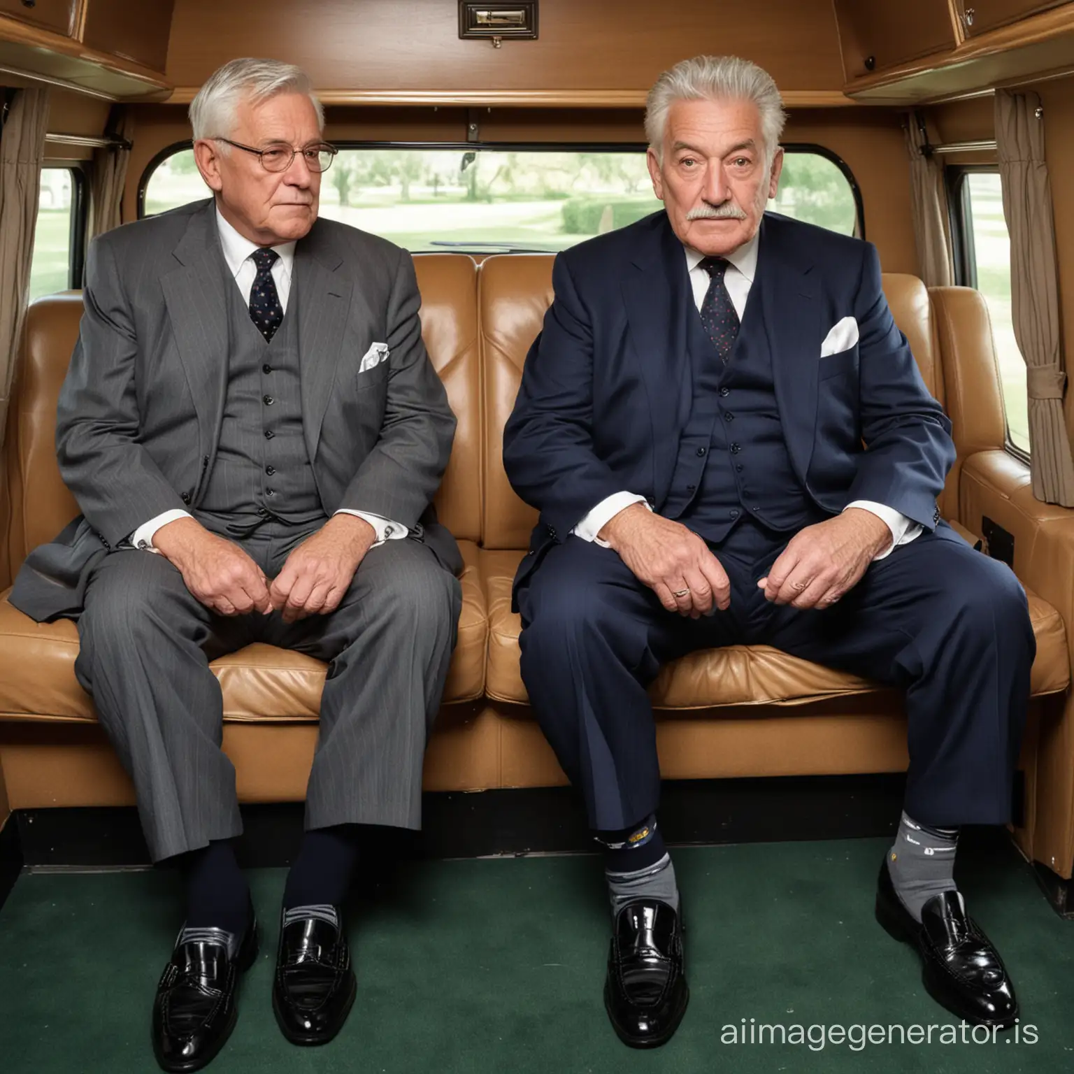 Two American fat elderly men, both 80 years old, shot height, wearing different suits, navy socks, black loafers, silver hair, sitting on a coach, full body shot, must show face, private