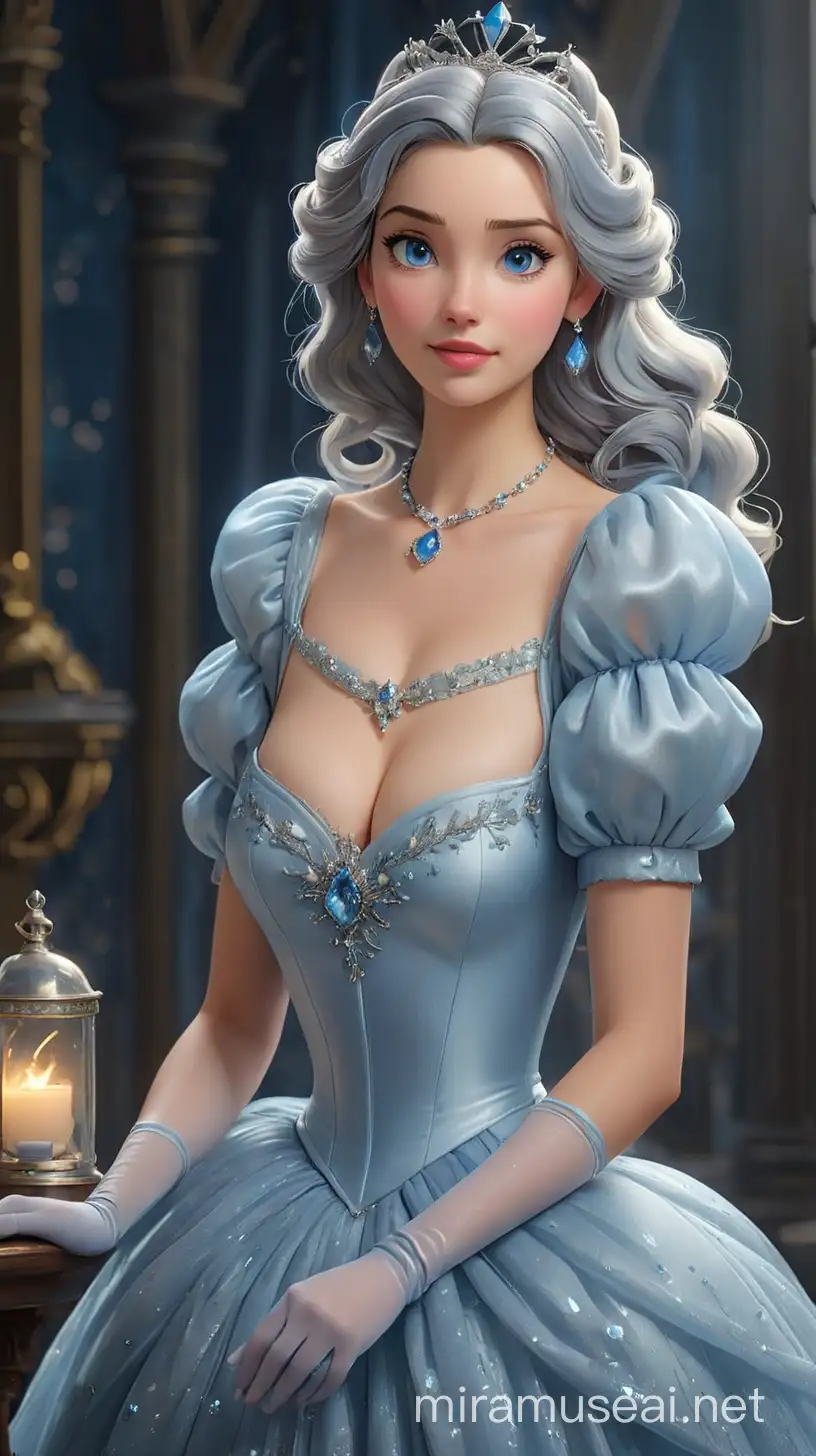 a beautiful young woman of average height, slender build, an hourglass figure, and a softly-shaped, kind face. Her skin is fair and flawless, and she has pink lips, and blue eyes. Cinderella's hair is a long azure blue loose French braid that's swept over her left shoulder with a large silver crown. Her dress is a sparkling light blue ball gown with a low-cut neckline, blue puffy sleeves, glittery sheer opera gloves, and glass slippers. She also wears a silver necklace around her neck. 