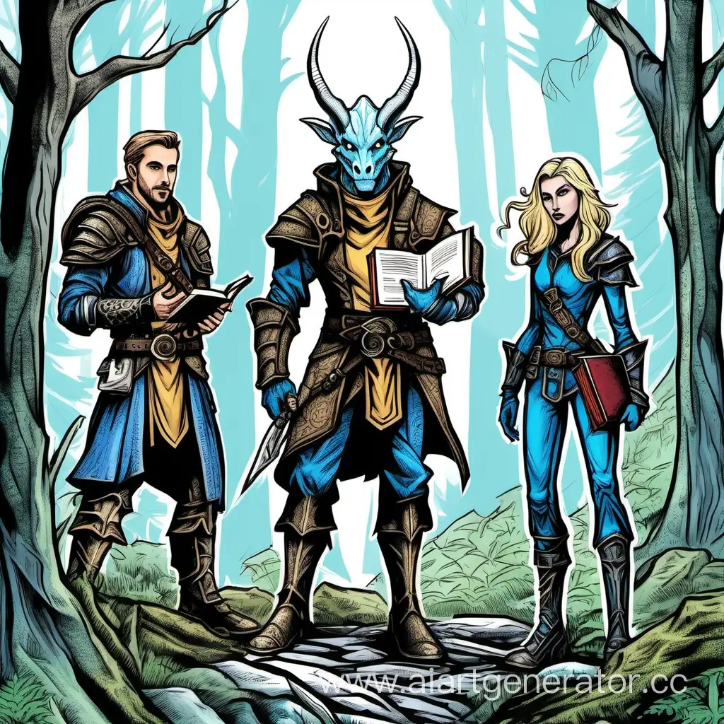 Fantasy-Trio-in-Enchanted-Forest-Dragonborn-Rogue-Charming-Rogue-and-Paladin-with-Book