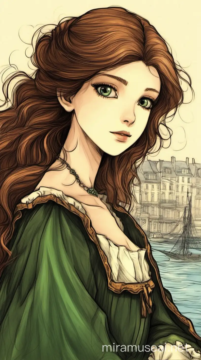 I want this image to be a cover for my book. The girl of the image is the main character. In the book she’s a French princess of the 19 century. She has 16 years old and brown curou hair by her shoulders. Her eyes are green and they have a circul of brown around the pupil.
In the background you can put Images of the ocean or a city near the ocean or of a ship.
I want the image to be in an old style.