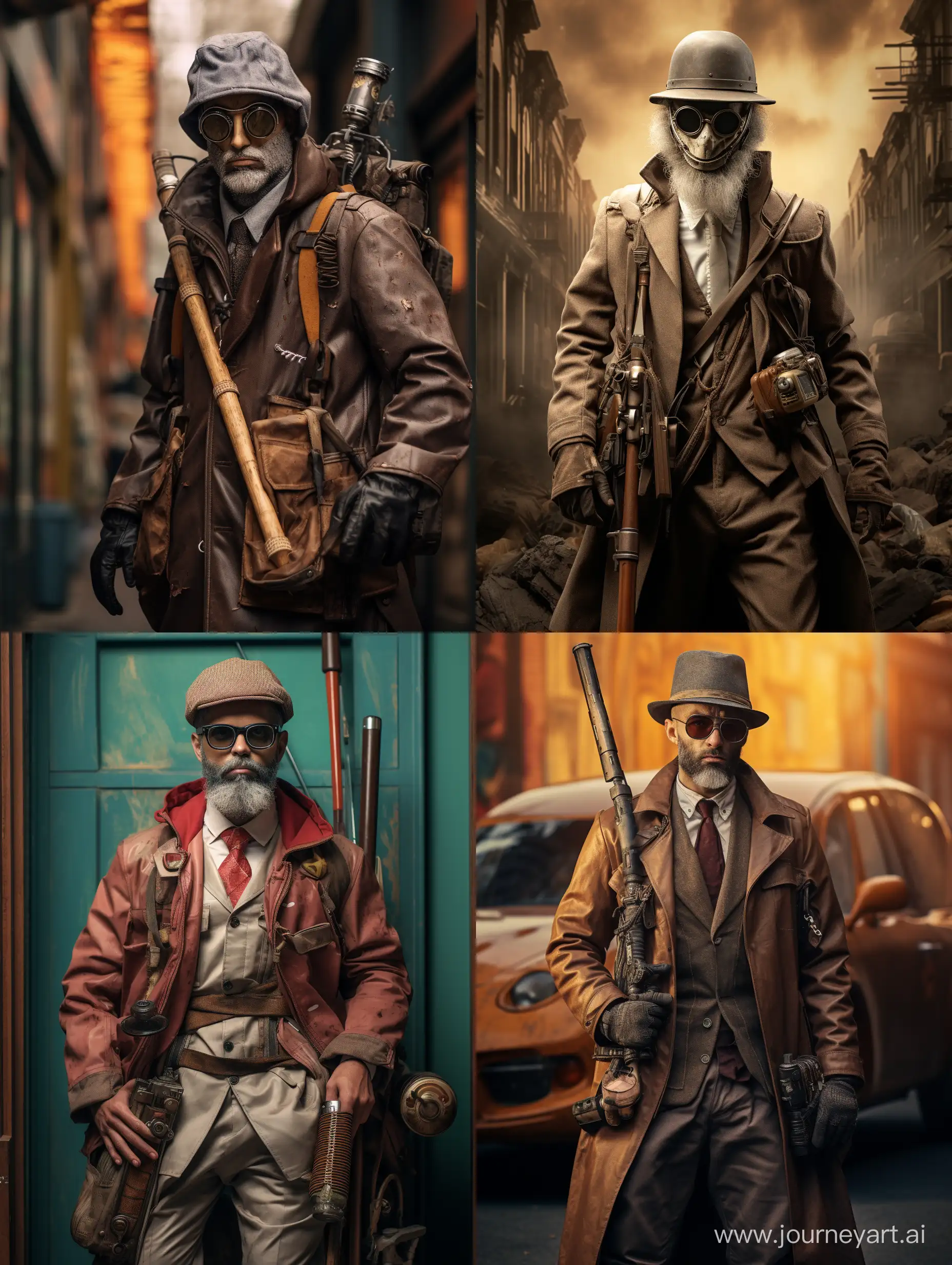 atompunk, man 30 years in the street, apocalypse street, with backpack 90 liters, 500mm, with baseball bat, looking at camera, suit mechanic, brown coat, with cap
