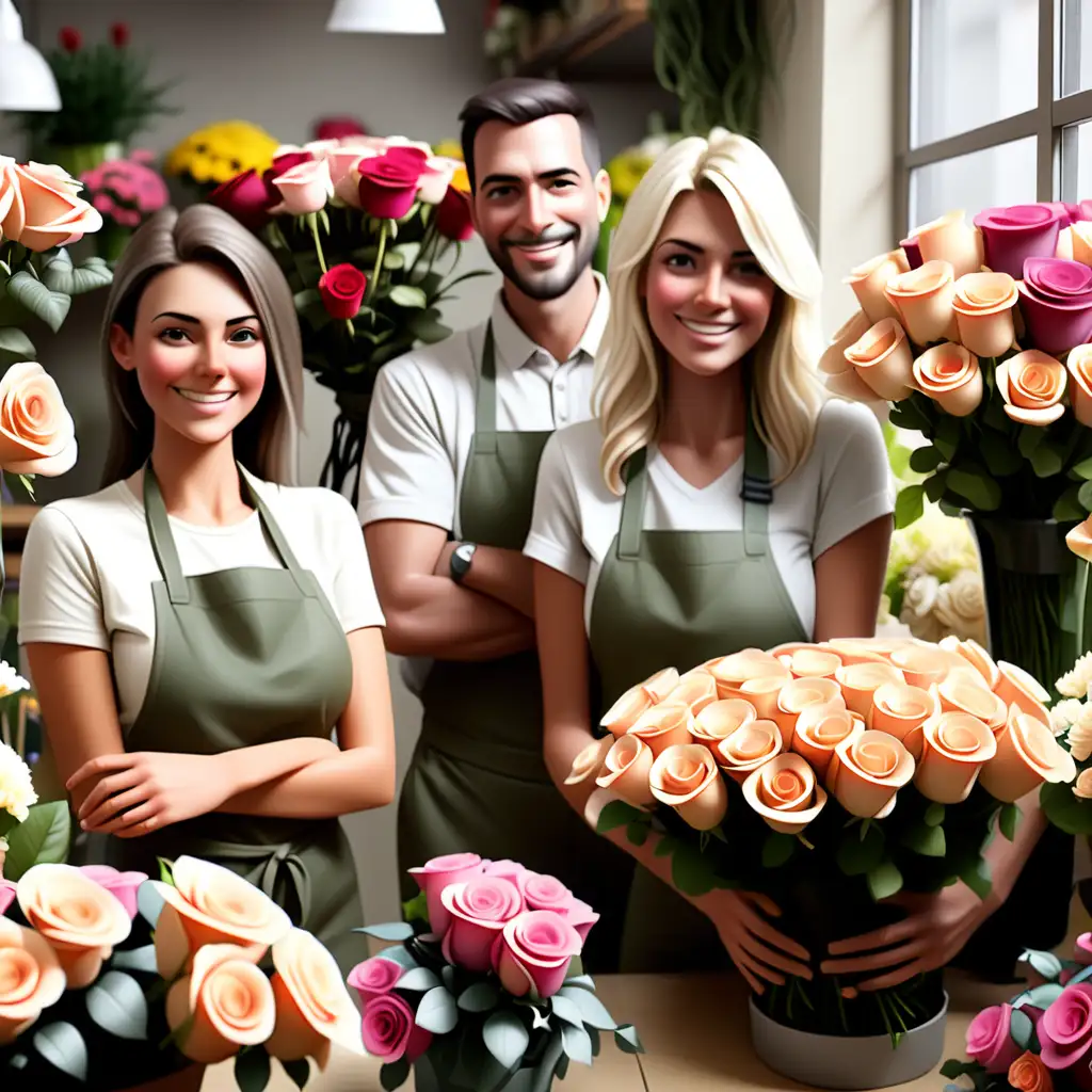 una floristeria con muchas flores, rosas y arreglo de flores con personas felices trabajando