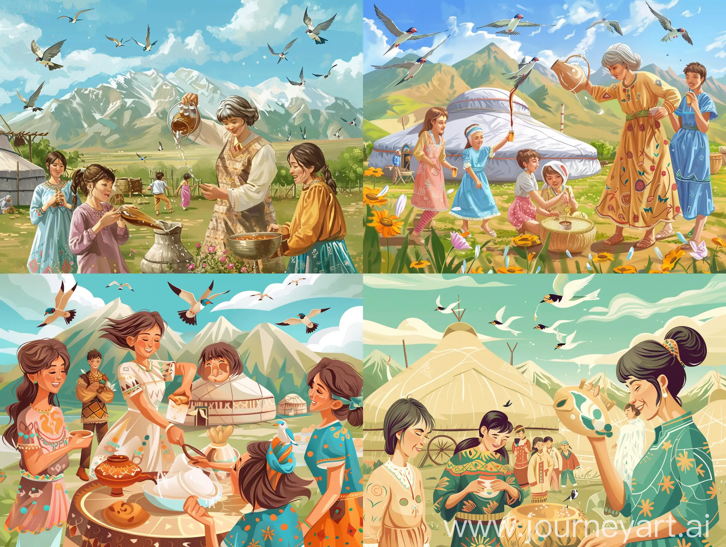 сгенерируй картинку для баннера на тему наурыз в казахстане, где атмосфера праздника, весны и радости, девушки и джигиты на алтыбакане, бабушка в кимешеке наливает кумыс, летают ласточки, фон юрта и горы, жайлау