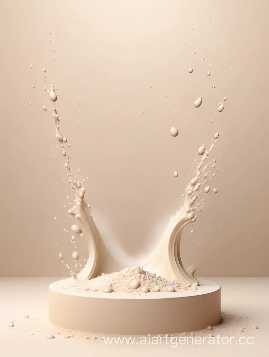 Elegant-White-Podium-on-Soft-Beige-Background-with-Water-Droplets-and-Powder-Splash