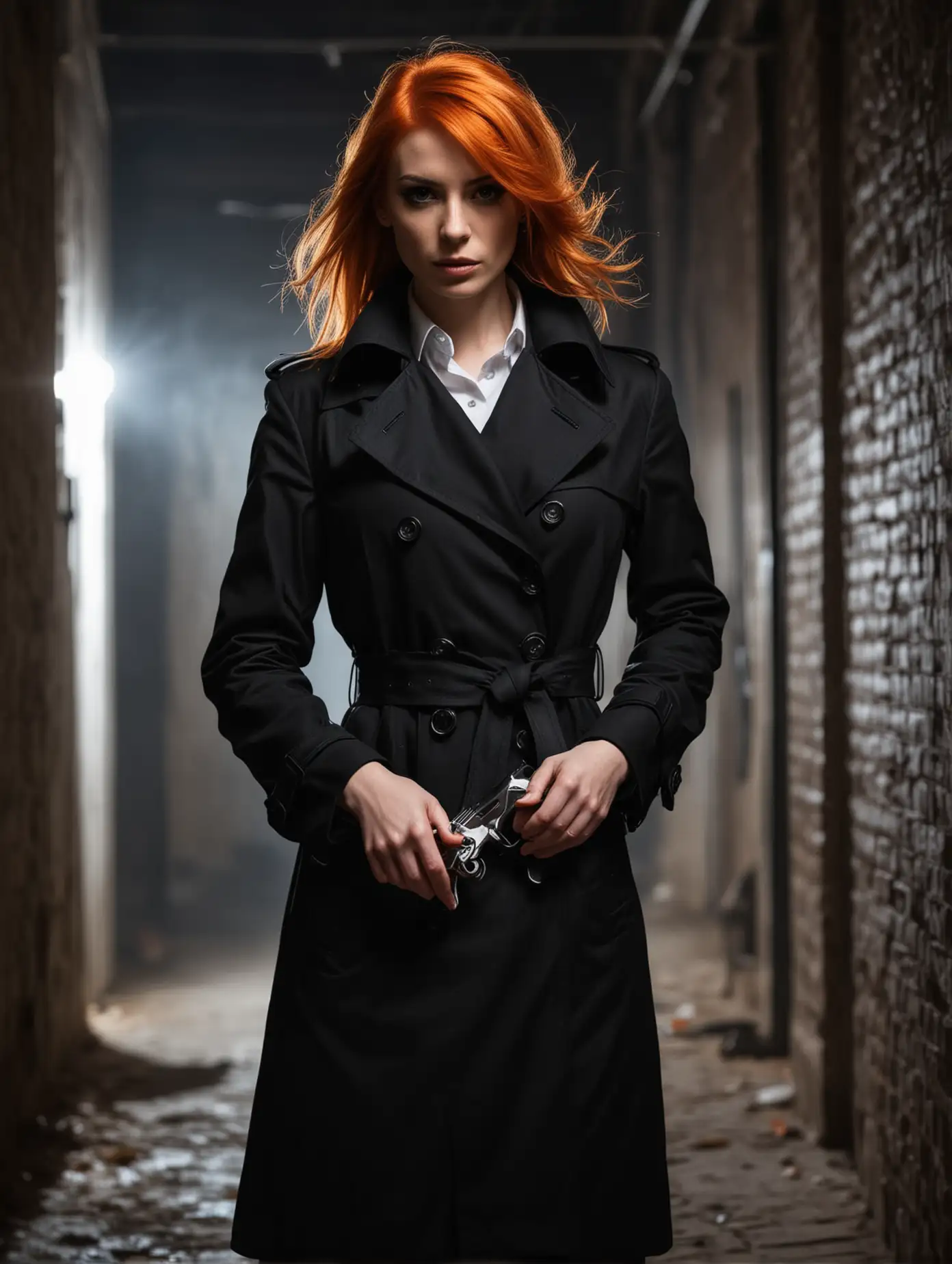 secret agent woman wearing black trench coat with orange hair lurking in the shadows with hand gun