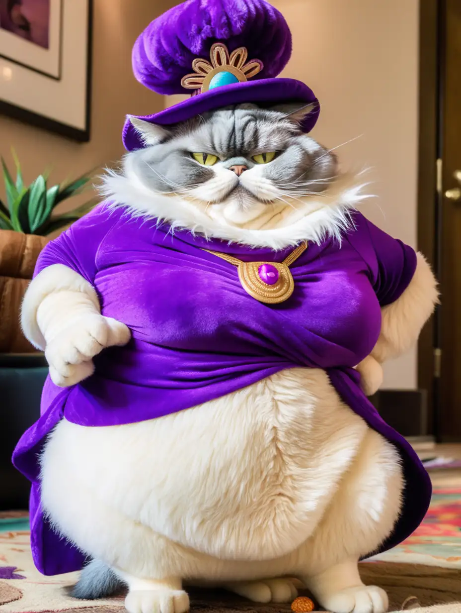 a super fluffy fat cat dressed as yzma the old lady from emperor's new groove 