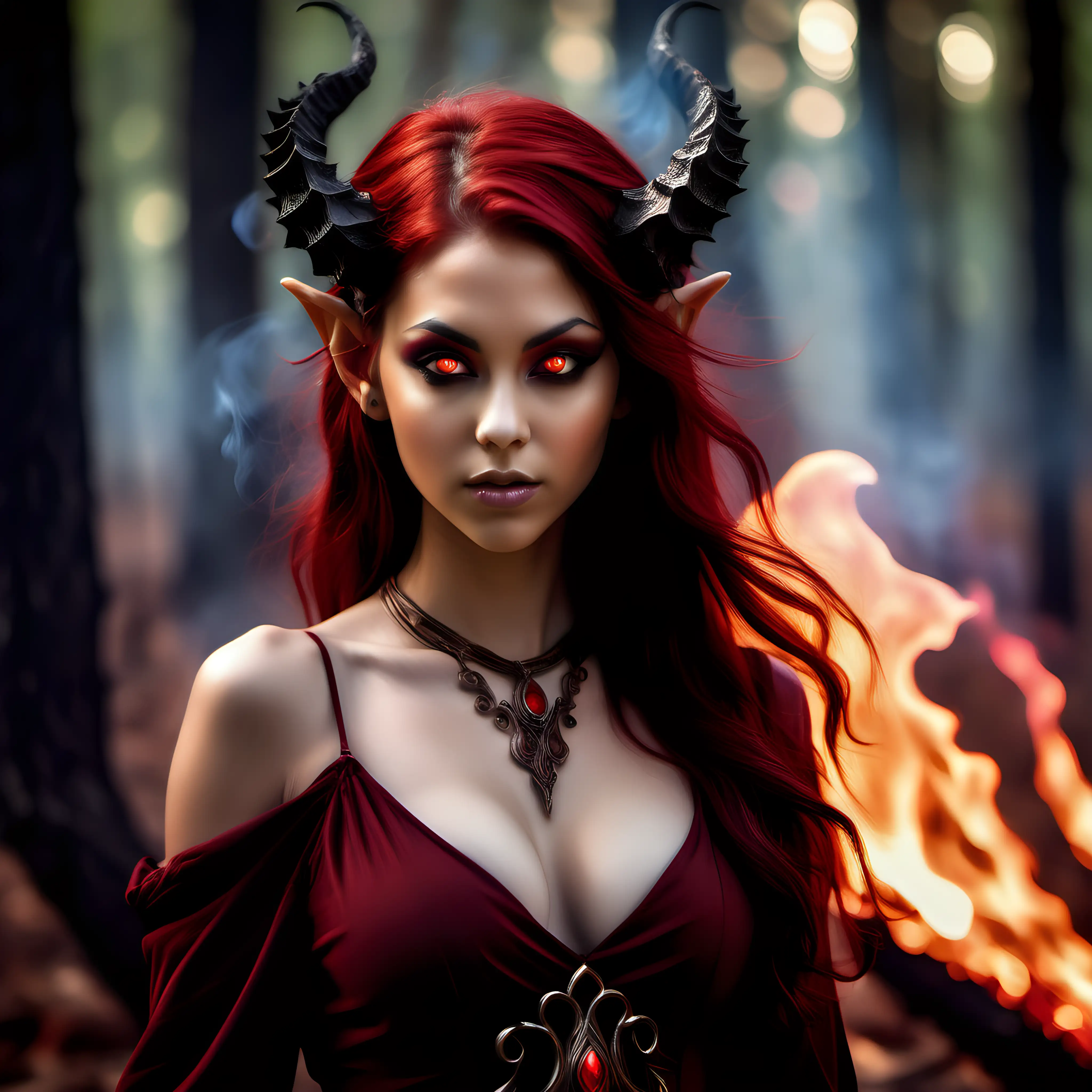 Seductive Fire Djinn in a Fantasy Forest