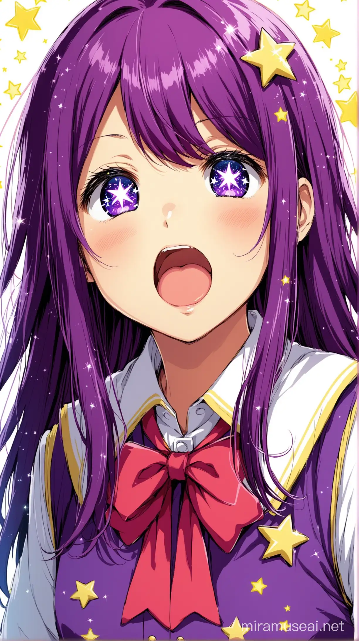 Oshi no ko, Ai Hoshino, long purple hair, stars on eyes, open mouth, idol's uniform