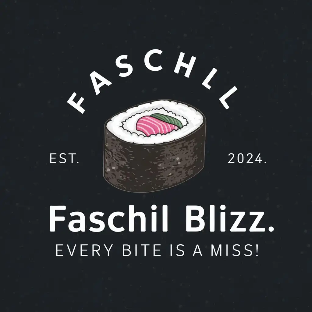 "logo, Sushi Roll, with the text "FasChil EST. 2024. FasChil Blizz, Every Bite is a Miss!", typography"