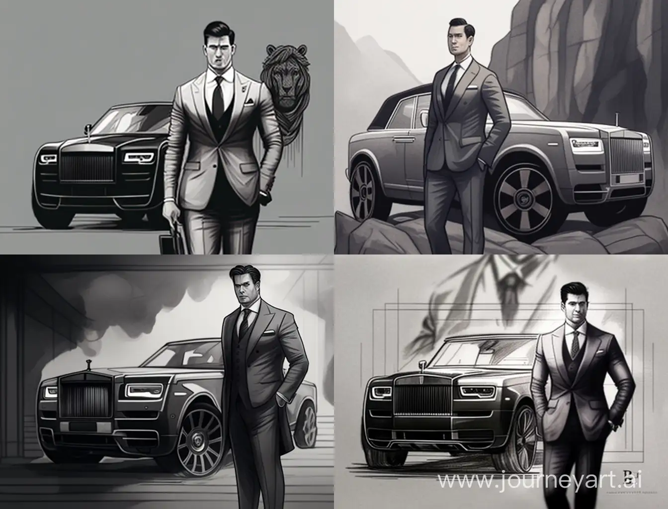 Elegant-Man-with-Grey-Rolls-Royce-Cullinan-Stylish-Affluence-in-a-Luxurious-Setting