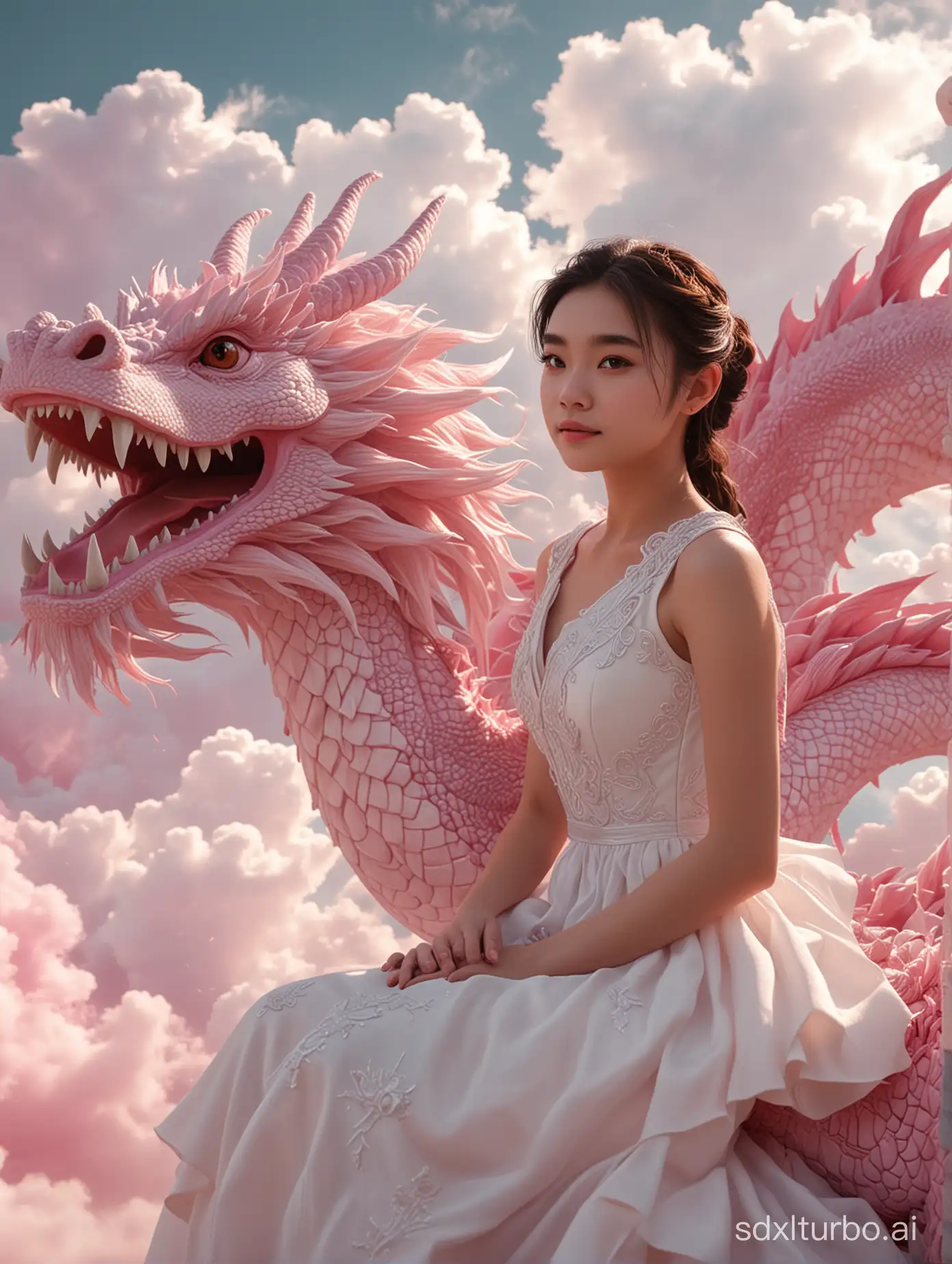 一个20岁女孩，白色裙子，女孩坐在一只粉色的龙头上，（中国龙:1.5），特写，在白云上飞翔，女孩半身，人像摄影，8k,电影光效，