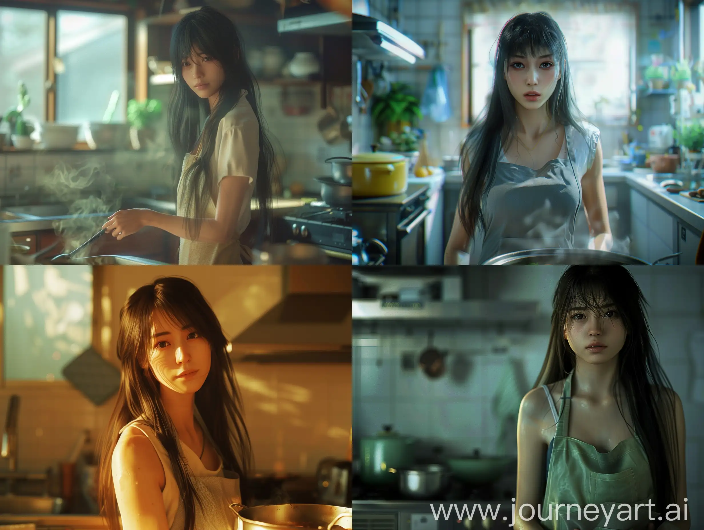 realistic movie stills, full body, full shot, wide shot, Realistic, personality: depict A 22-year-old Japanese girl with long hair, beautiful, wearing an apron, cooking hot pot in the kitchen, remembered her first love, brought back many memories, and felt sad. Use a dreamy, almost surreal visual style to convey the depth of these memories. Unreal engine, hyper real, an amazing fantasy movie scene, strong dramatic tension, rich details, clear light and shadow, a strong sense of cinema 
