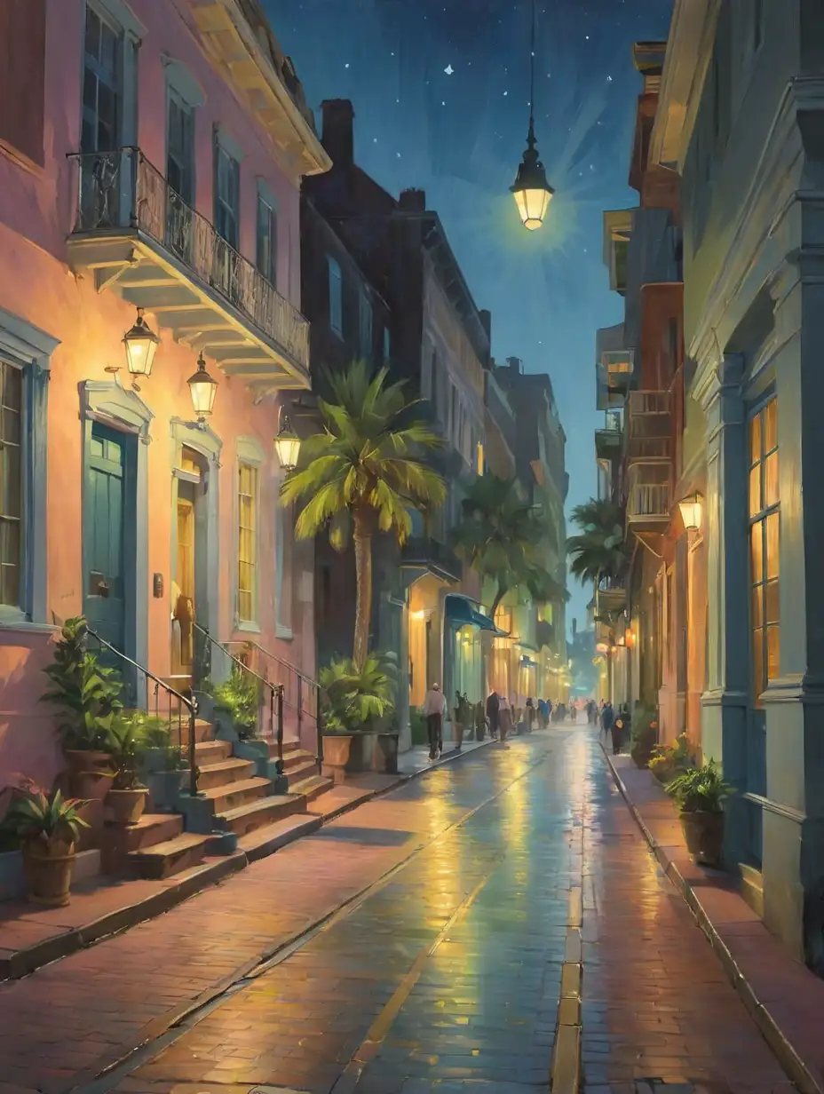 Freida Kalho painting painting of a busy Charleston street scene at night use of warm, soft colors that are "glowing" or "luminous." Use a limited palette of colors, primarily blues, greens, yellows, and pinks, layer and blend to create subtle variations in hue. The colors are often used to create a sense of depth and volume, with the use of gradients and highlight 