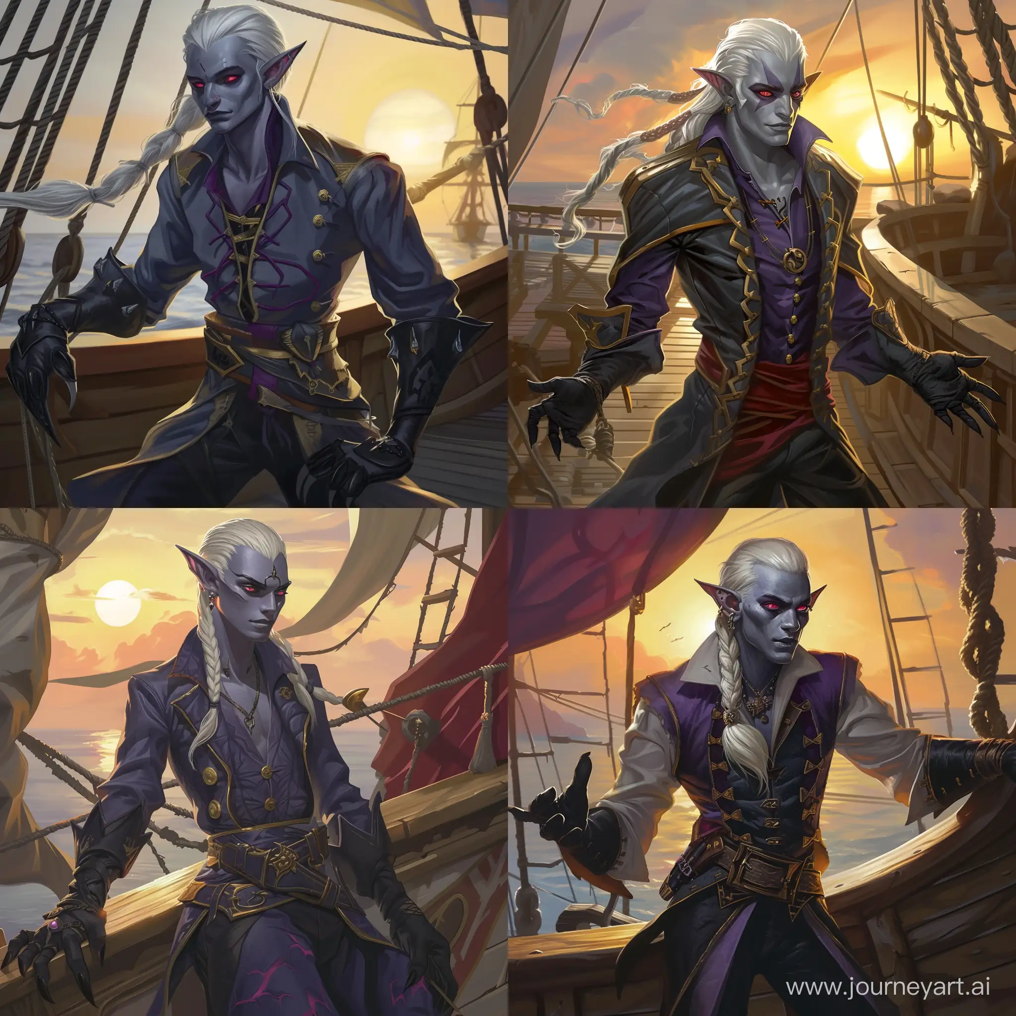Drow-Rogue-Swashbuckler-on-Pirate-Ship-at-Sunset