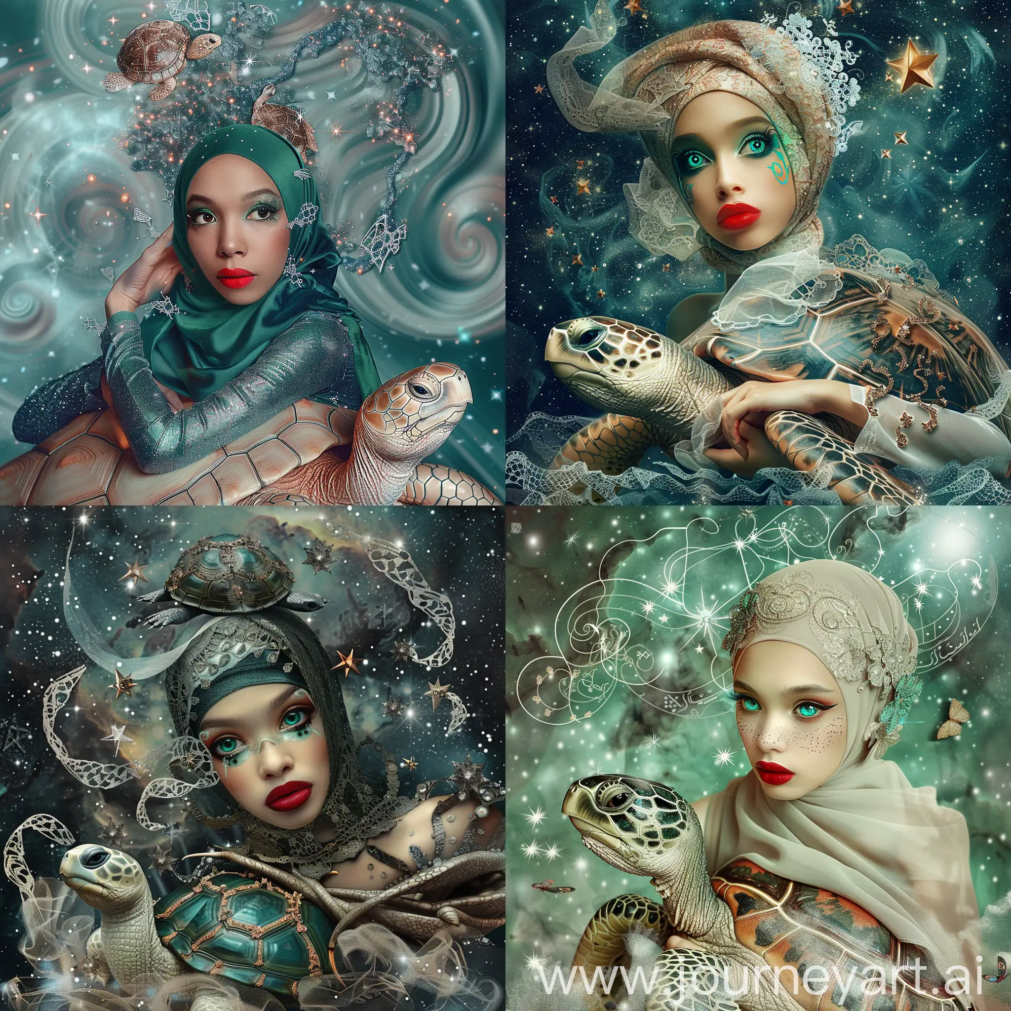Surreal-Portrait-of-a-Beautiful-Muslimah-on-Mythical-Turtle-in-Galactic-Landscape