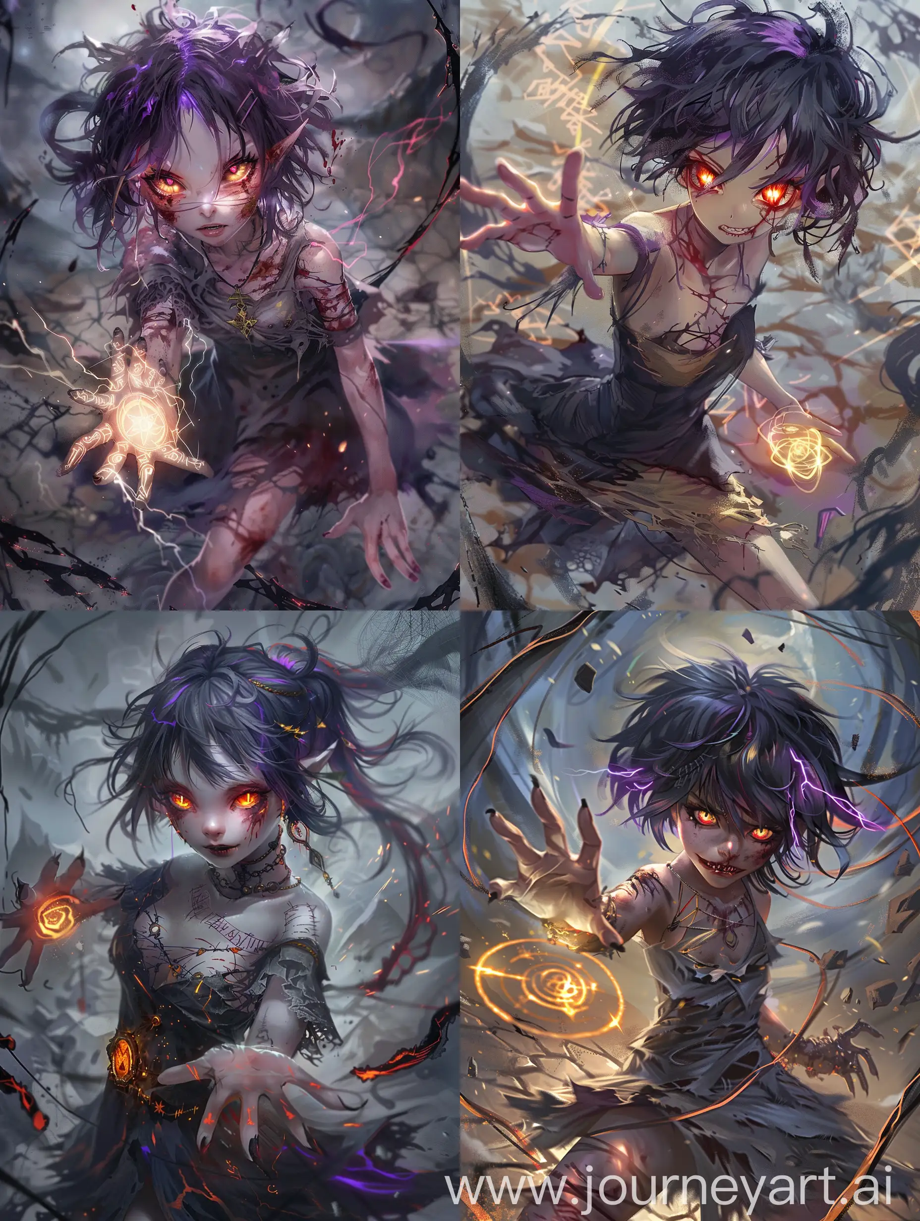 Anime-style young demon girl, ashen or pale lavender skin, vibrant blood-red or glowing yellow eyes with slitted pupils. Jet black hair with crimson or purple streaks, wild and untamed. Gothic tattered dress with glowing runes, confident and menacing posture. One hand outstretched manipulating reality, the other clutching a talisman. Background of dark energy swirls and ghostly apparitions, ground cracked and scorched. Full body, focus on intense eyes and expression of power.