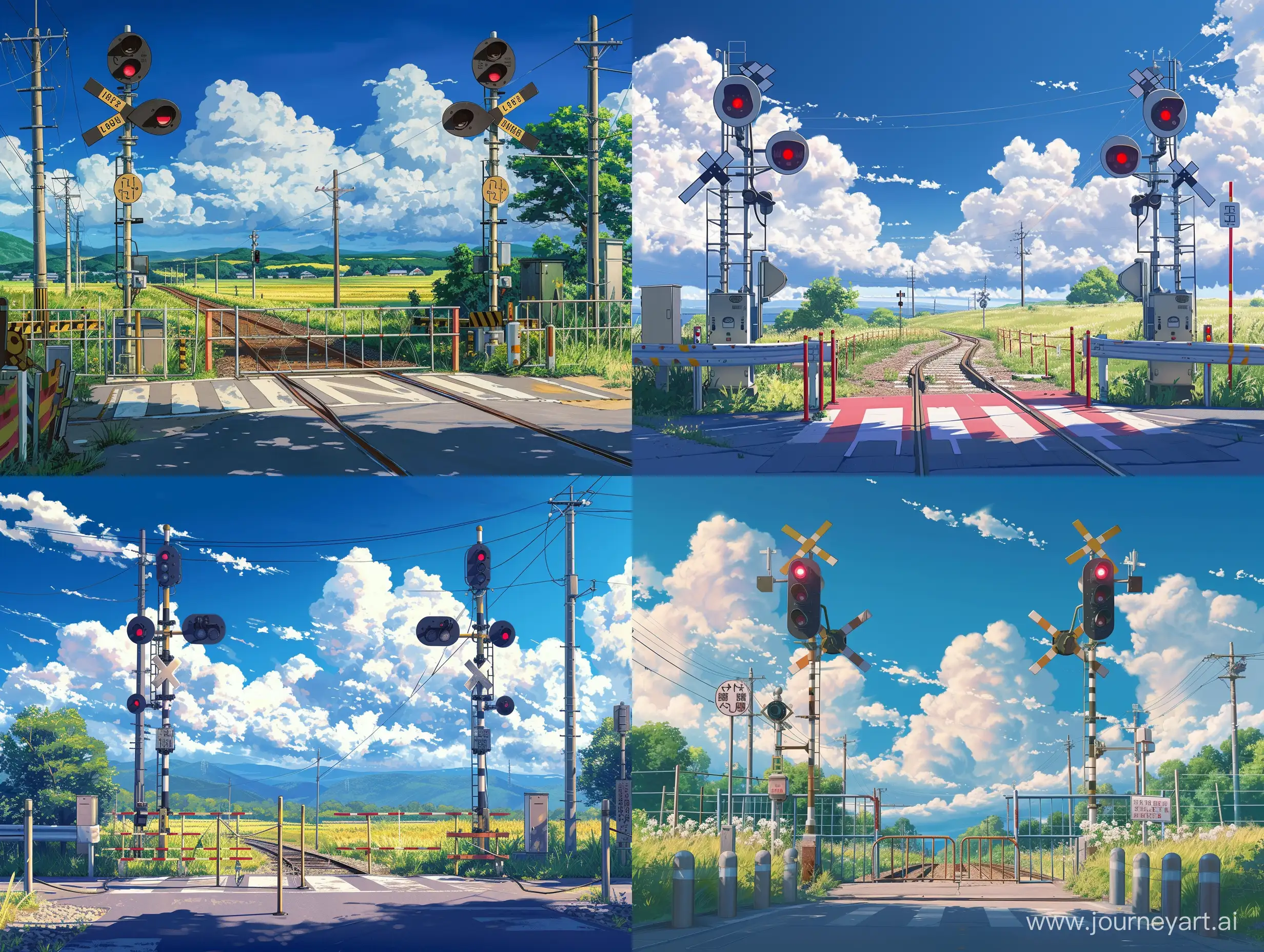 japanese styled railroad crossing, barriers, signal lights, countryside, summer day, beautiful clouds, highly detailed, anime movie your name art style