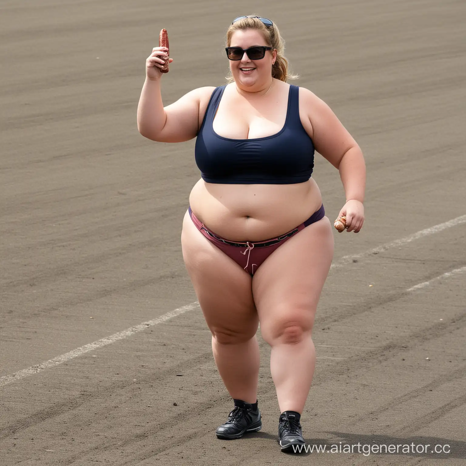 Overweight-Woman-Jogging-with-Sausage-at-Track