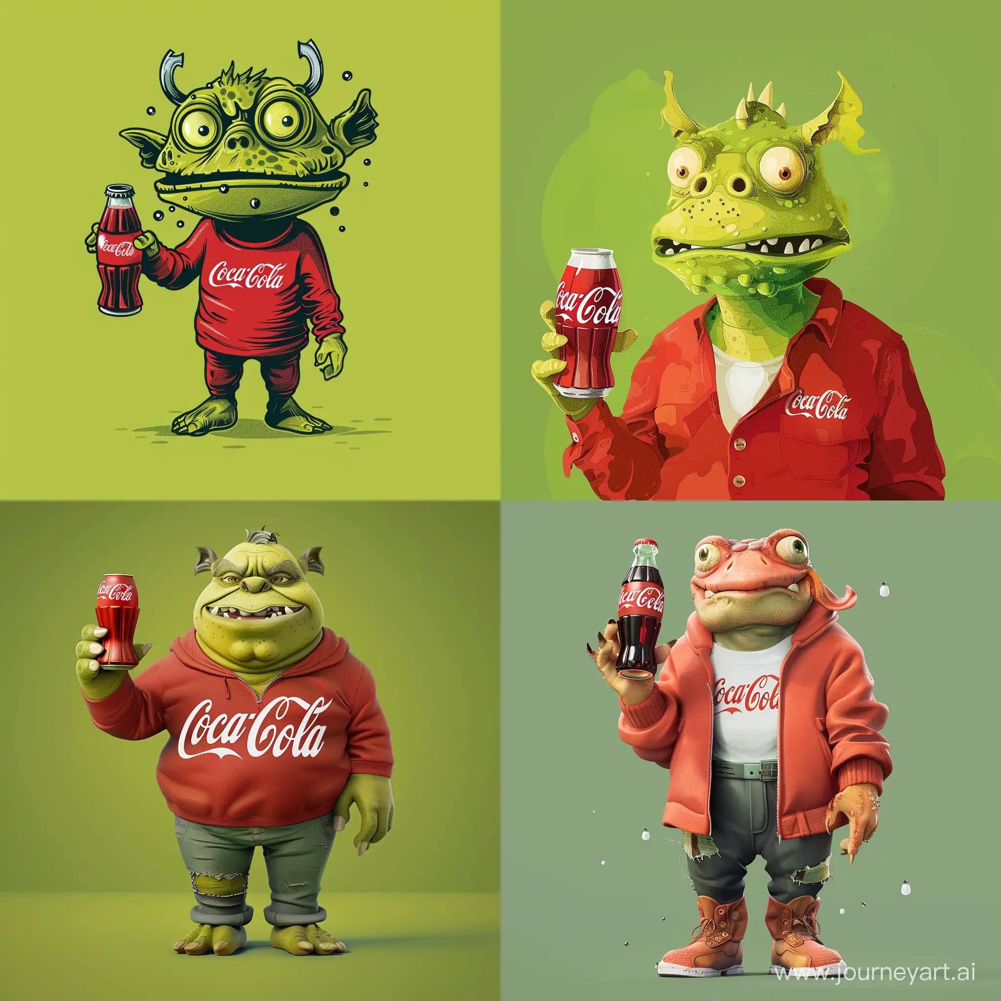 Minimalism 2D Illustration Character of: Sherk and With the Coca-Cola in his hand, Simple Green Background, Adobe Illustrator Software, High Precision --v 6.0 --s 100