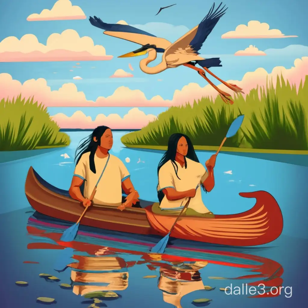 realism vector shirt design. "water is life". two ojibwe native american people rice harvesting in a canoe. an blue heron bird is flying in the sky in the background