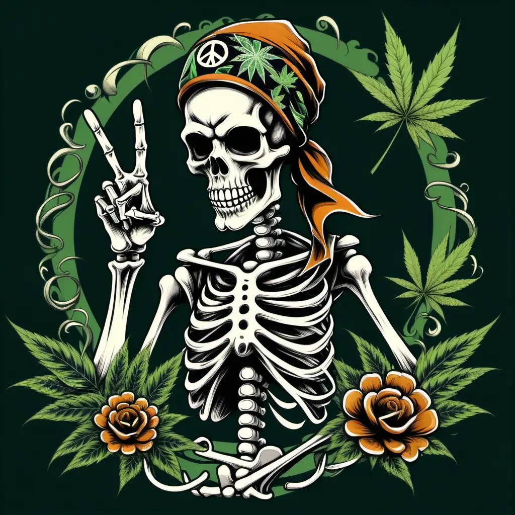 Retro Biker Skeleton Peace Sign Tshirt Design with Weed Leaf and Swirling Patterns