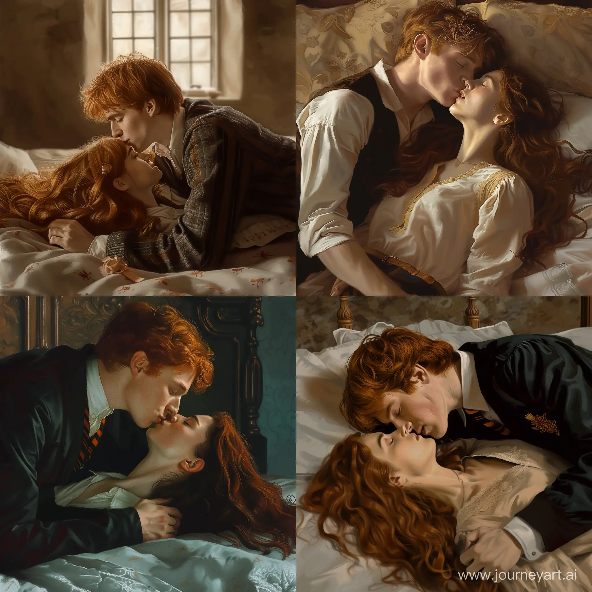 Tall Handsome red head Ron Weasley kissing Hermione Granger Passionately lying on a bed romantic realistic art