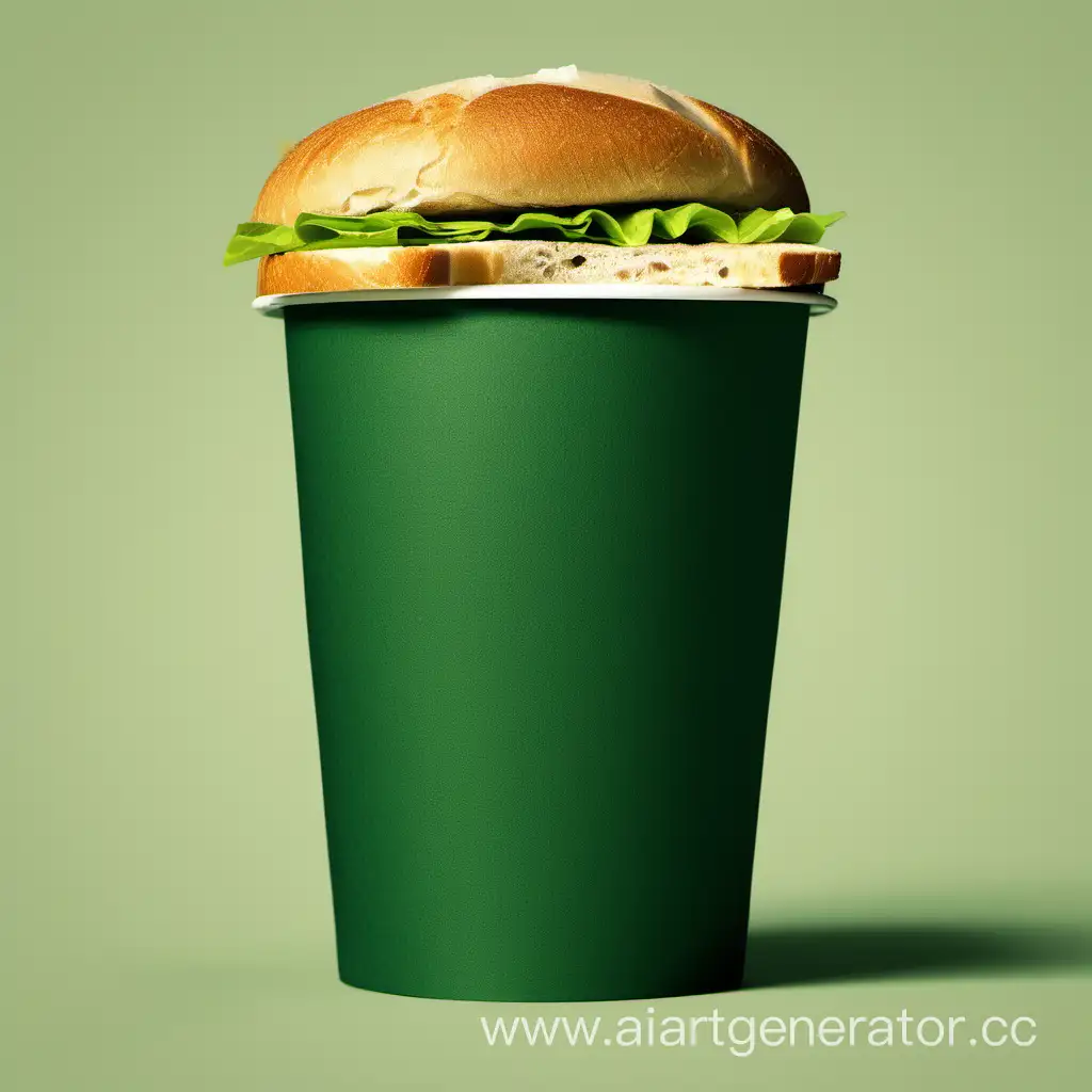 I need you to create an image of the dark green paper coffee cup of  and sandwitch near the cup. Background should be dark green