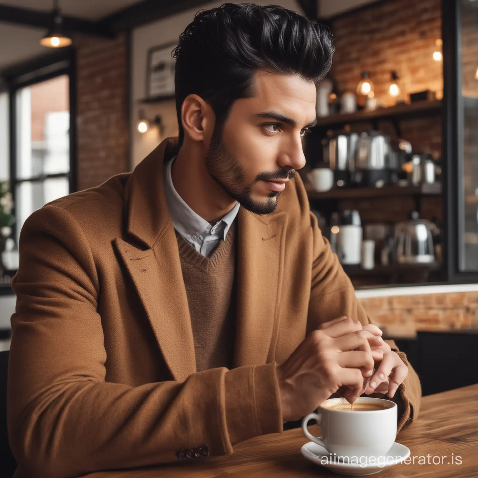 A stylish black hair man in coffee