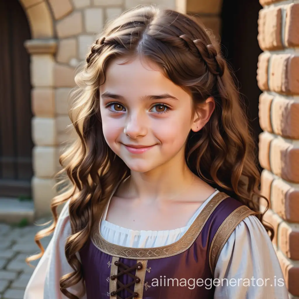 13-year-old medieval girl with brown long wavy hair, brown eyes, hair up in a funny way and dimples dress