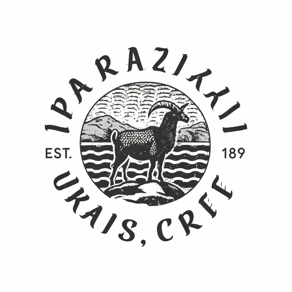 logo, majestic Greek mountain goat standing on rocks overlooking ocean waves all in black and white, with the text "Paralia kri kri "Chania, crete"", typography, be used in Retail industry