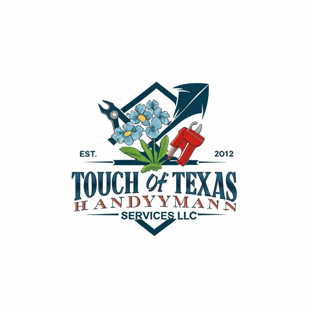 a logo design,with the text "Touch Of Texas Handyman Services LLC", main symbol:Bluebonnet, Kite, Texas, tools,Moderate,be used in Home Family industry,clear background
