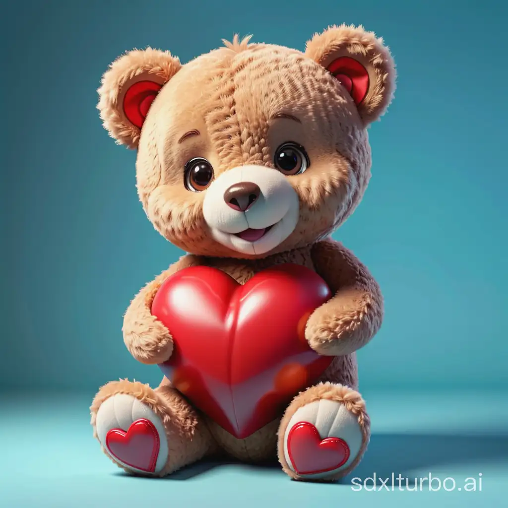 a cute teddy bear character hugging a 3D heart