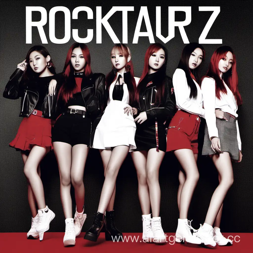 Dynamic-Kpop-Album-Cover-Rockstarz-with-6-Stylish-Girls-in-Black-White-and-Red-Tones