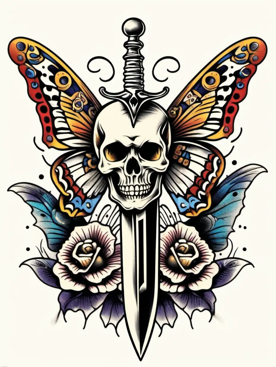 Vintage Dagger Skull and Butterfly Tattoo Design on White TShirt Print
